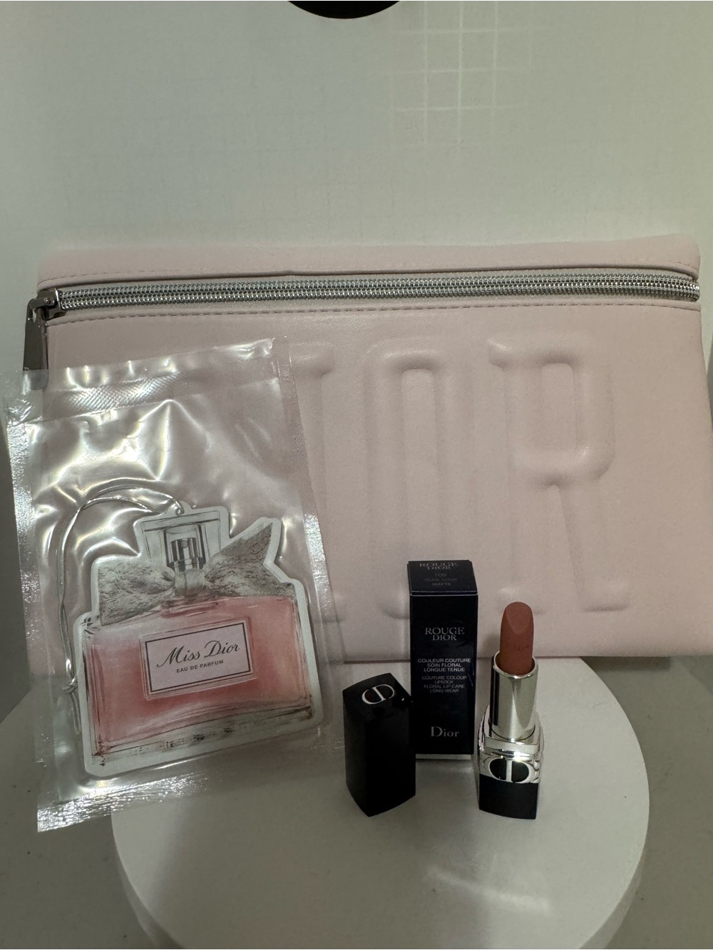 Dior Nude Pink Lipstick with light Pink Cosmetic Pouch